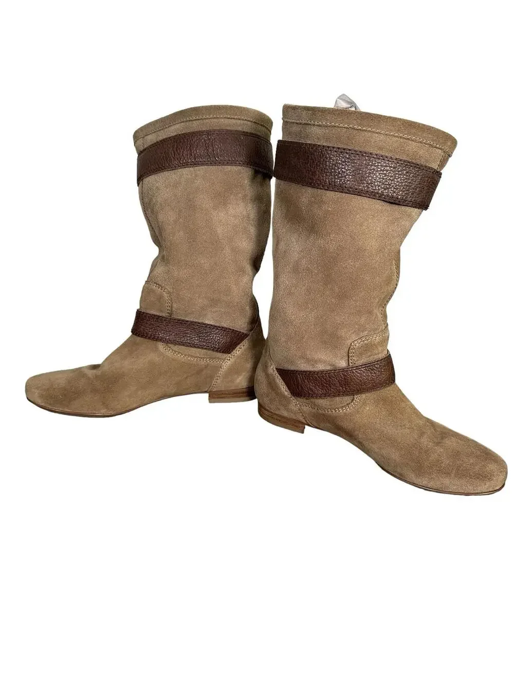 Marc Fisher Boots Hopkins Mid Calf Suede Riding Harness Flats Womens 6 M Brown